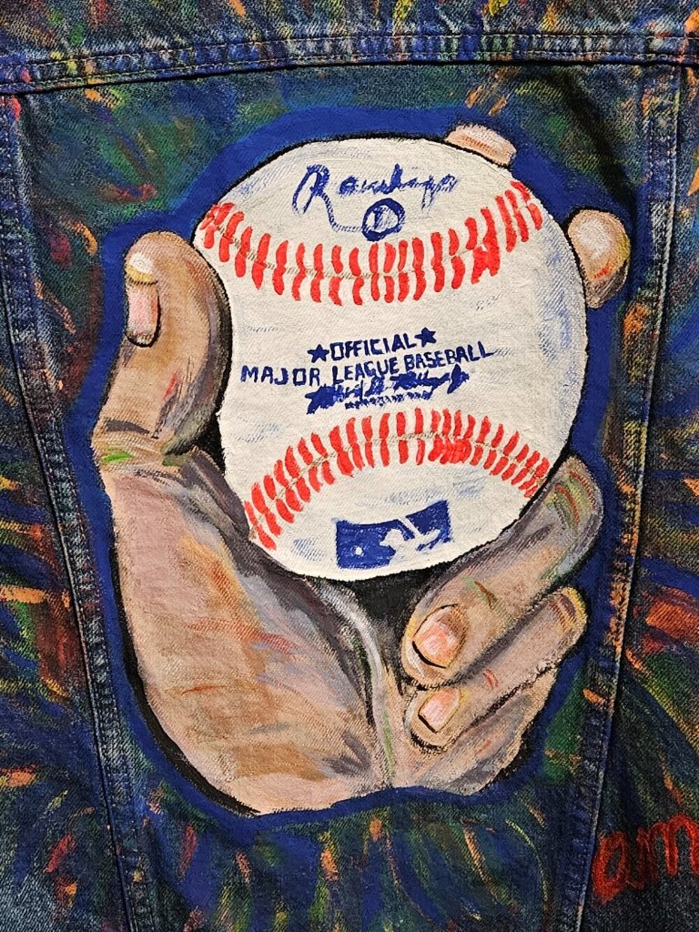 BRAND NEW GAP Denim Jacket Handpainted Hand holding Major League Baseball Size M